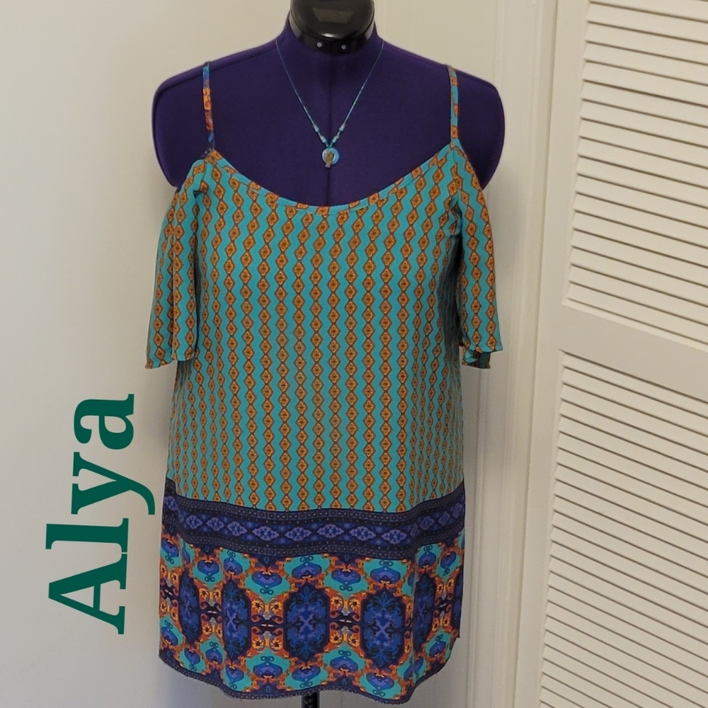 ❣️HP❣️Alya by Francesca's green design cold shoulder spaghetti strap dress sz:M